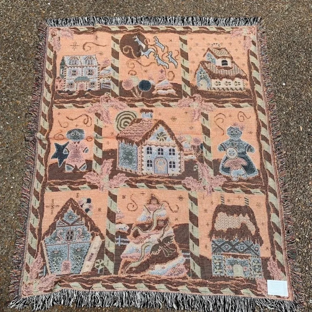 Vintage Christmas Gingerbread Village Peppermint Woven Throw Blanket Tapestry